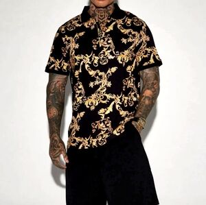 Fashion Nova Men's Ace Short Sleeve Polo Black and Gold Shirt Size M
